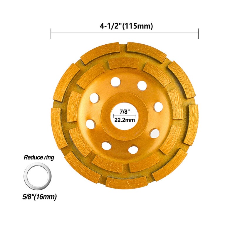 Gunpla 4-1/2 Inch Diamond Cup Grinding Wheel (7/8 Inch Arbor with Reduce Ring 5/8 Inch), Double-Row Diamond Grinding Discs for Concrete, Granite, Stone, Marble - Image 3